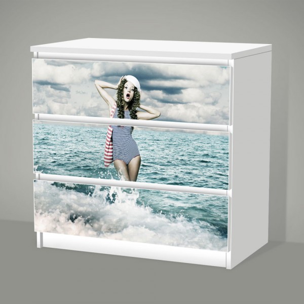 Beauty Woman In The Sea (Möbelfolie für IKEA Malm - 3 Schubladen)